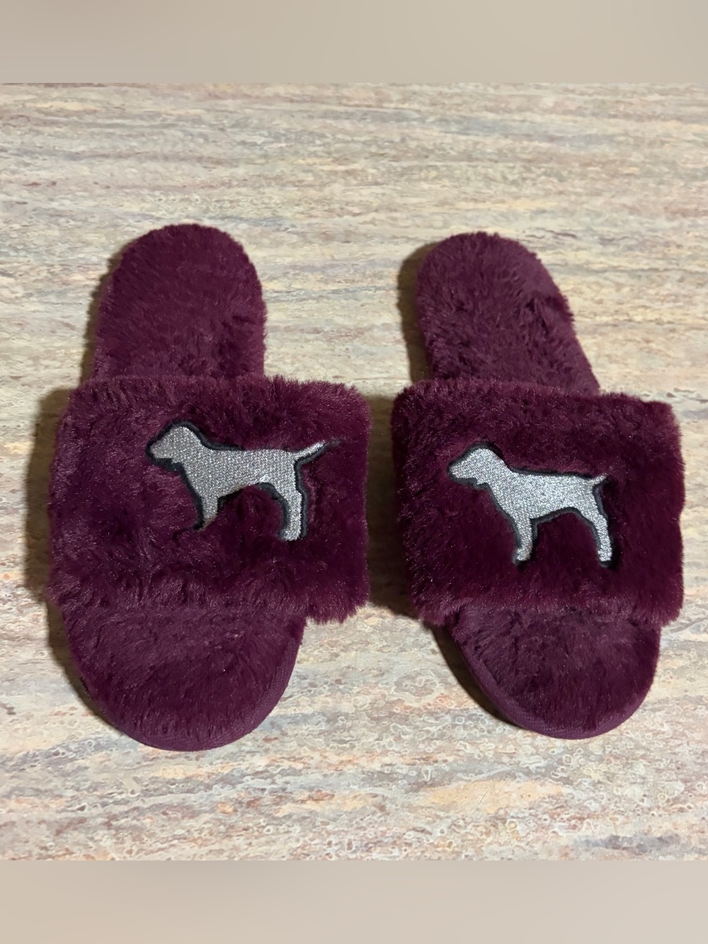 PINK Victoria’s Secret Plush Burgundy Dog Silhouette Slide Slippers